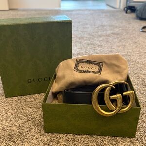 Authentic Gucci Black Leather Belt with Gold GG Logo